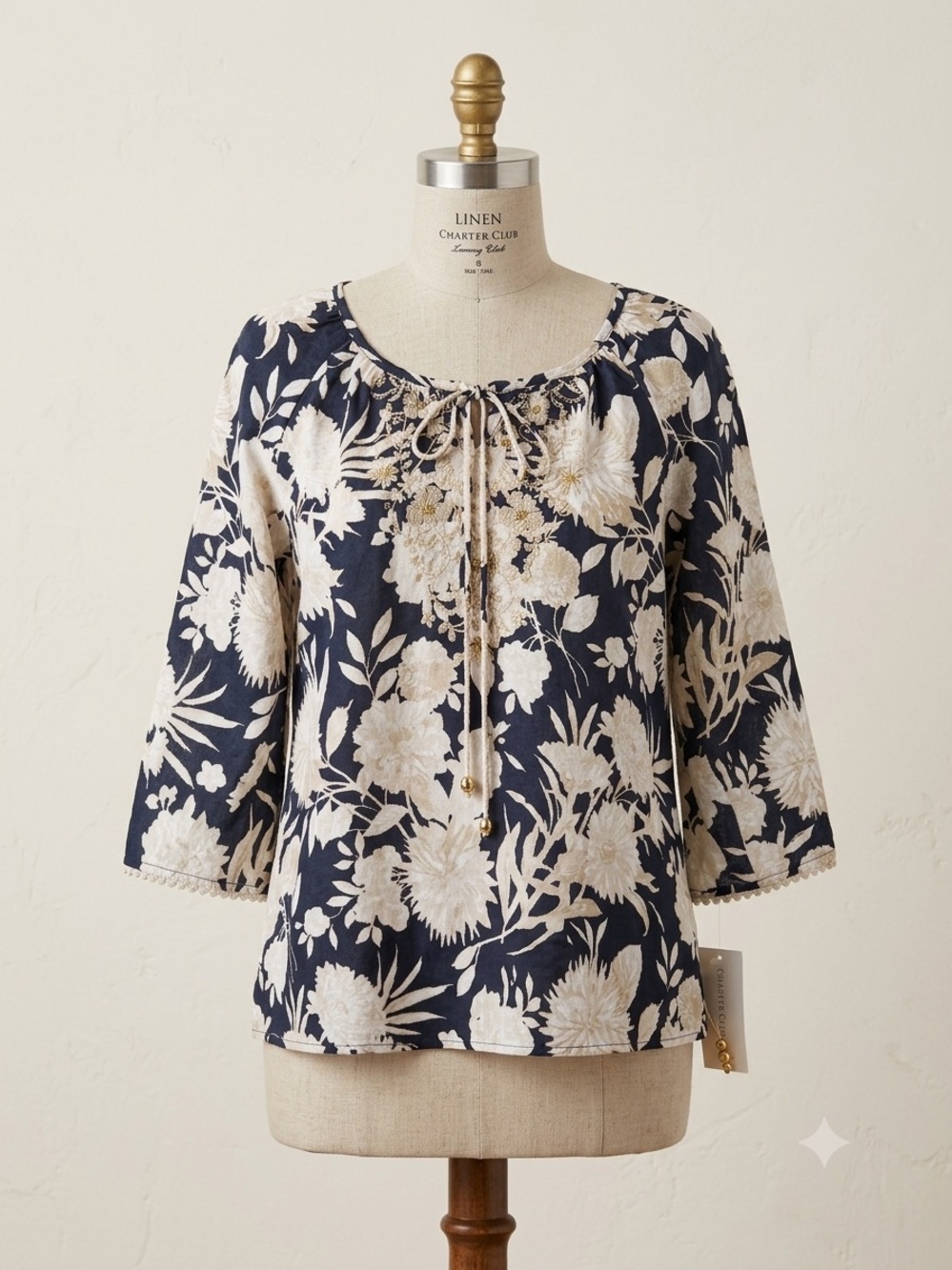 Charter Club Linen Navy and Cream Floral Peasant EmbroideredBlouse with Tie